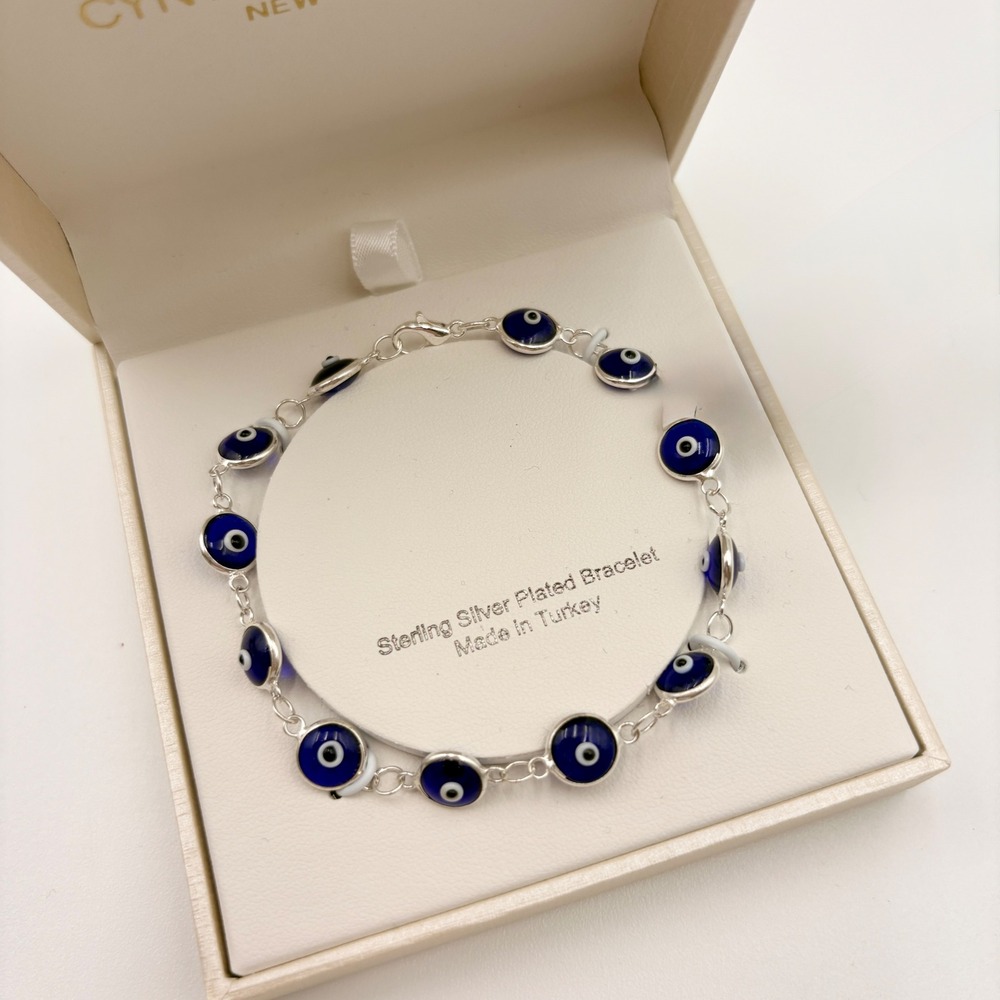 Cynthia Rowley NY Evil Eye Bracelet Sterling Silver Plated Blue Nazar Turkey